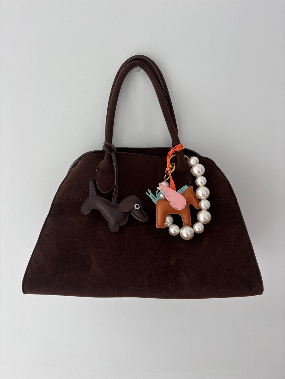 Dark Brown Suede Tote Bag with Charm Accent